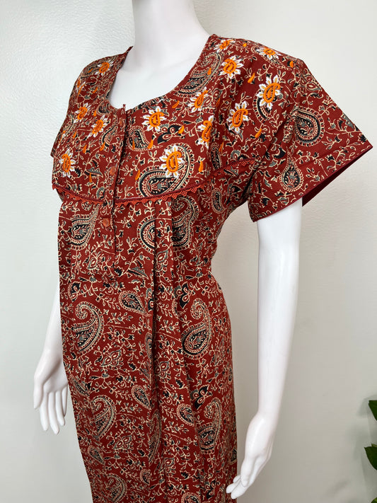 Maroon Pure Cotton Embroidered Women's Nighty