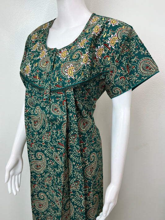 Bottle Green Elegant Embroidered 100% Cotton Nighty