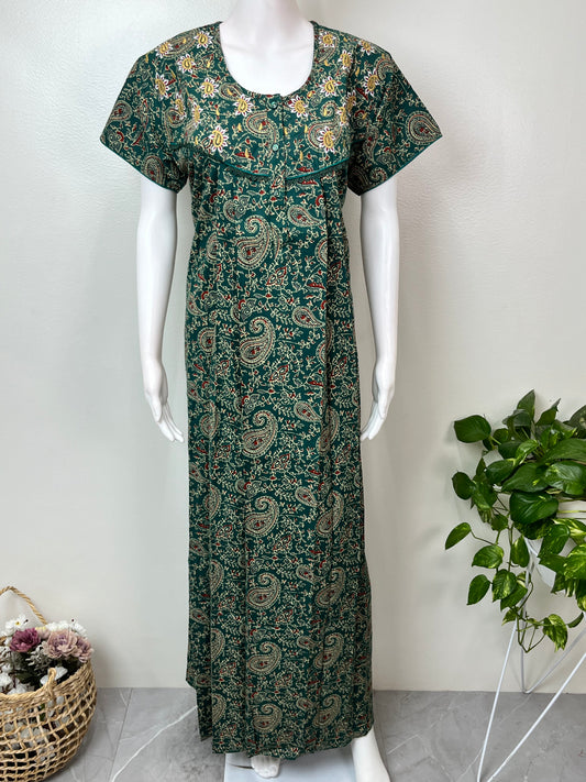 Bottle Green Elegant Embroidered 100% Cotton Nighty