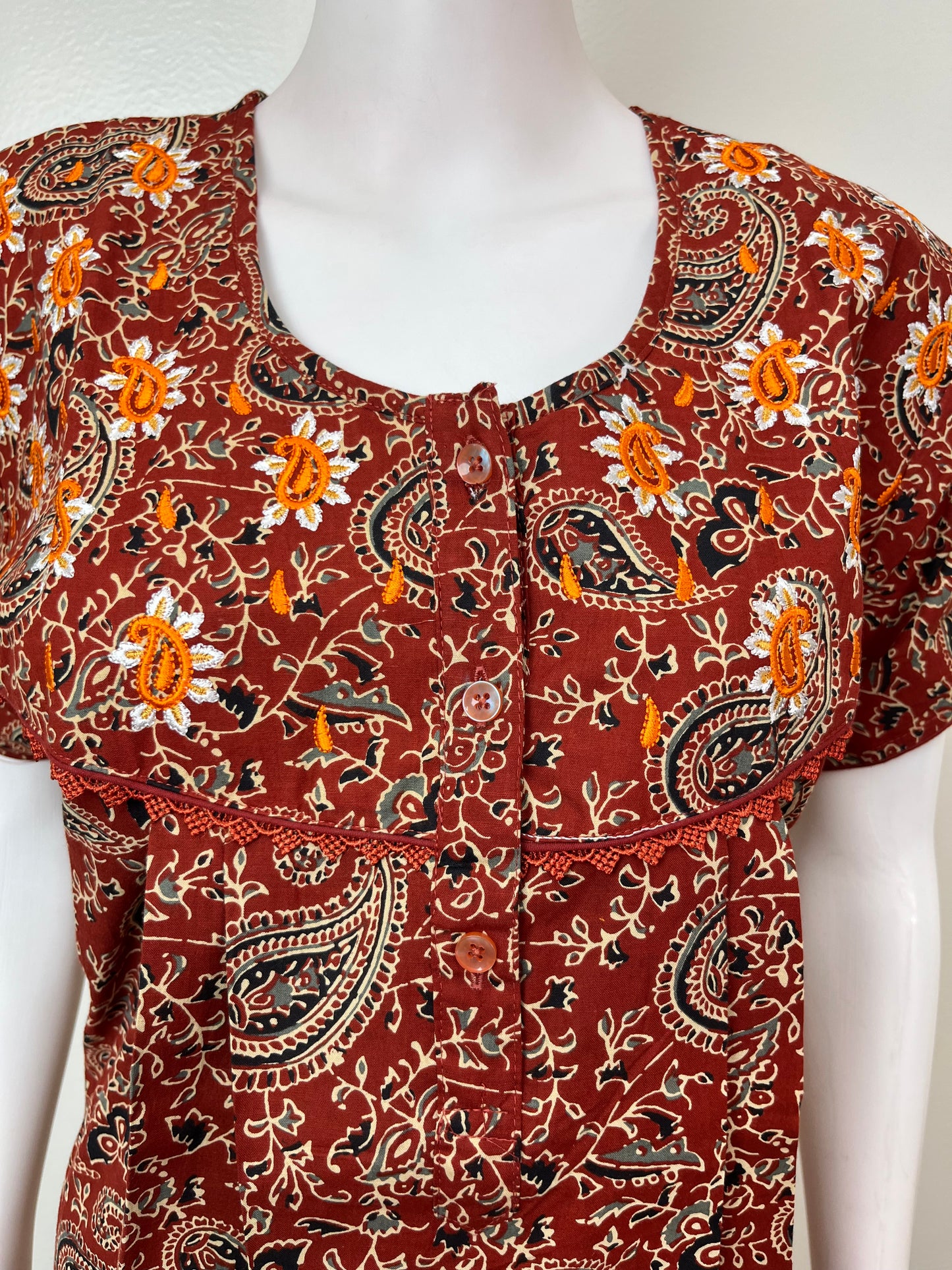 Maroon Pure Cotton Embroidered Women's Nighty