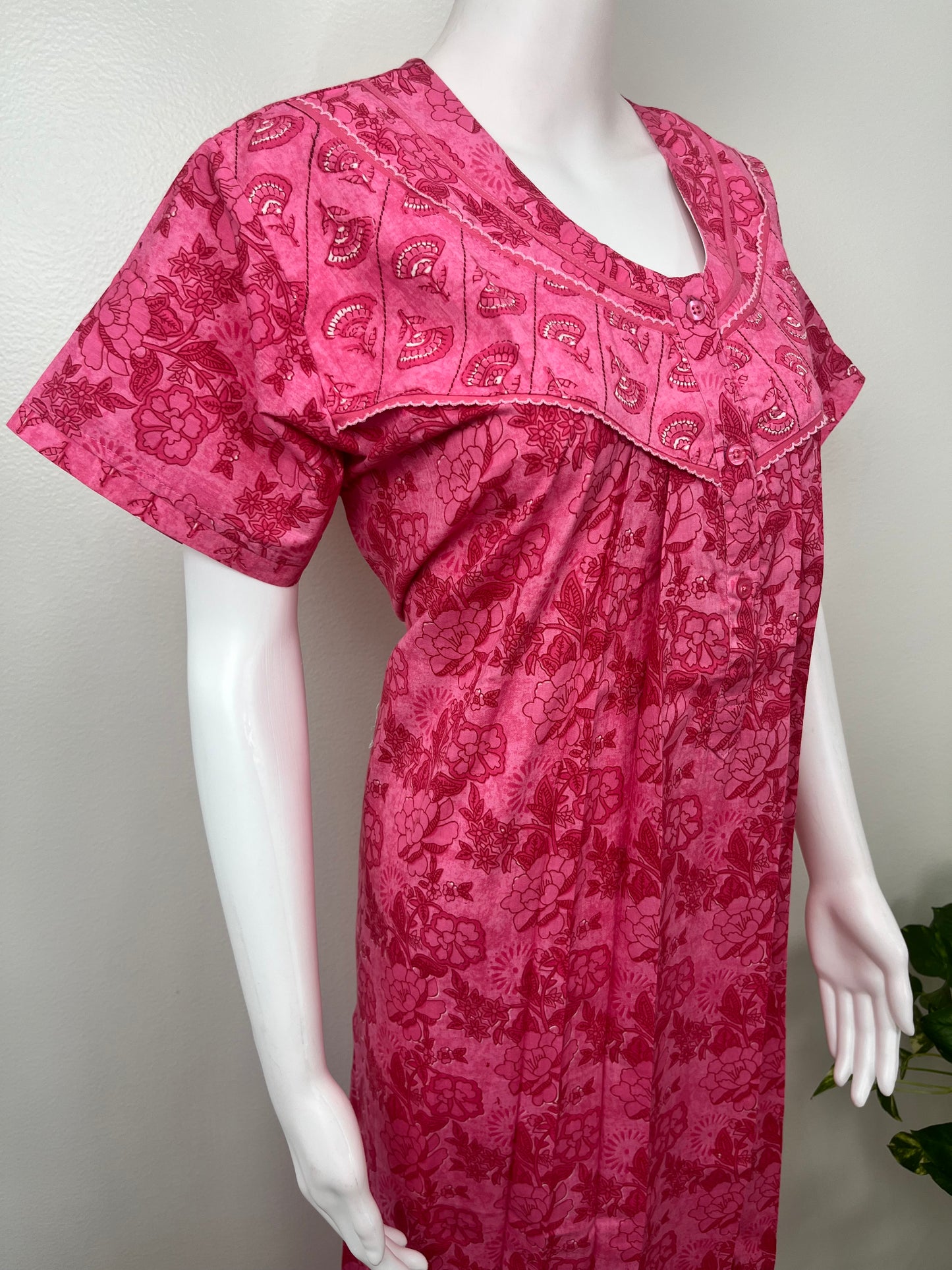 Hot Pink Floral Printed Cotton Nightgown