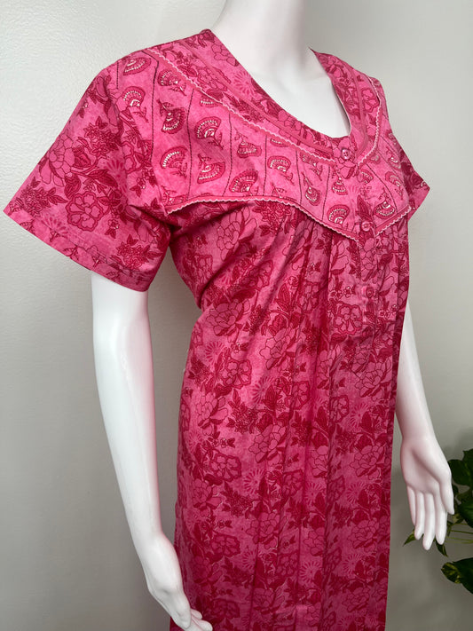 Hot Pink Floral Printed Cotton Nightgown