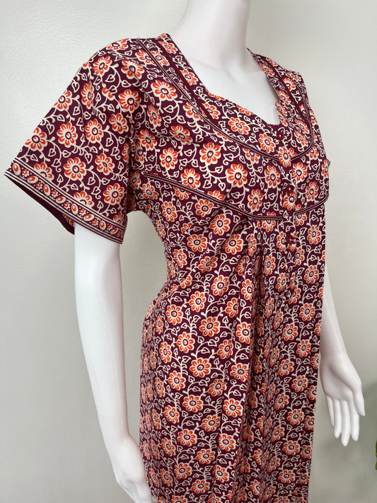 Maroon Floral Printed 100% Cotton Nighty