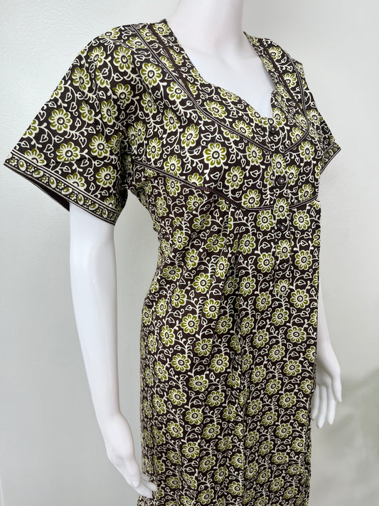 Bottle Green Pleated Cotton Nighty for Women
