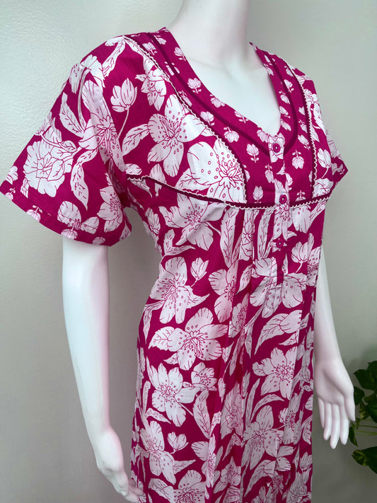Pink Pleated Style Cotton Nightgown for Women