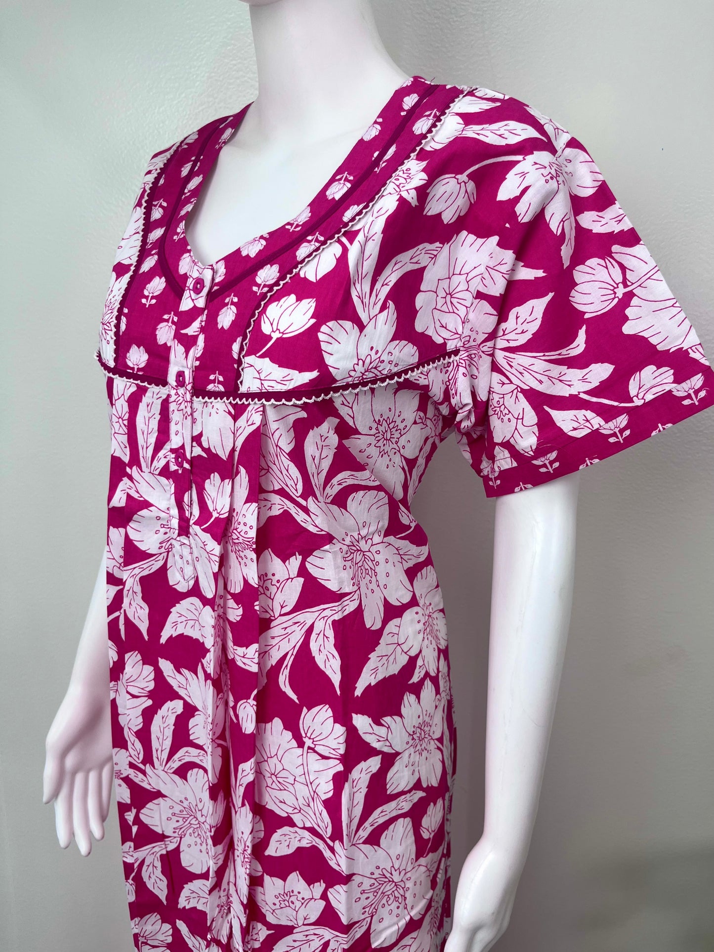 Pink Pleated Style Cotton Nightgown for Women
