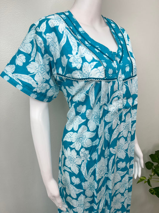 Aqua Blue Floral Printed 100% Cotton Nighty