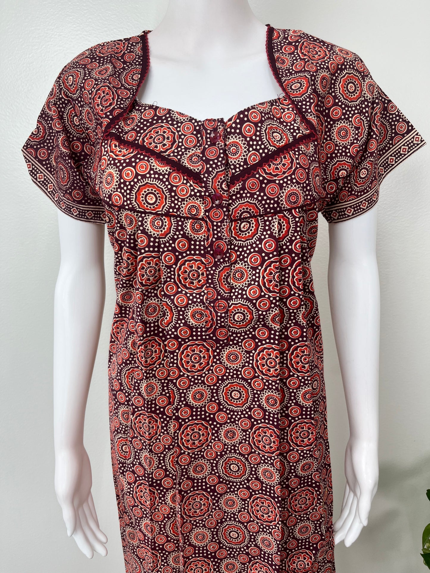 Maroon Pleated Pure Cotton Nightgown for Women