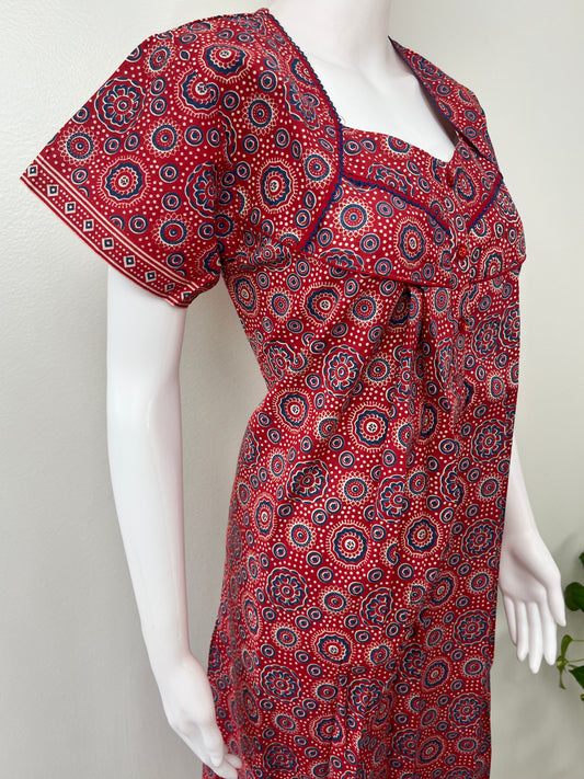 Red Pure Cotton Nighty with Geometric Print