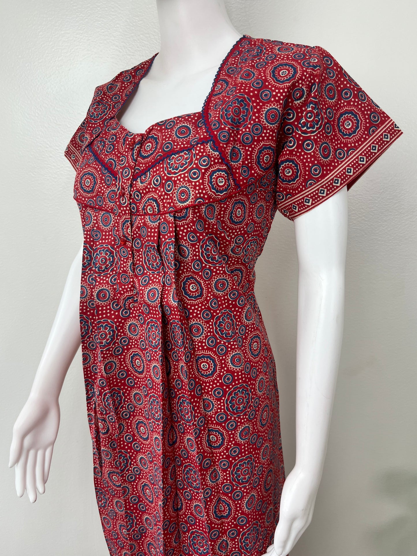 Red Pure Cotton Nighty with Geometric Print