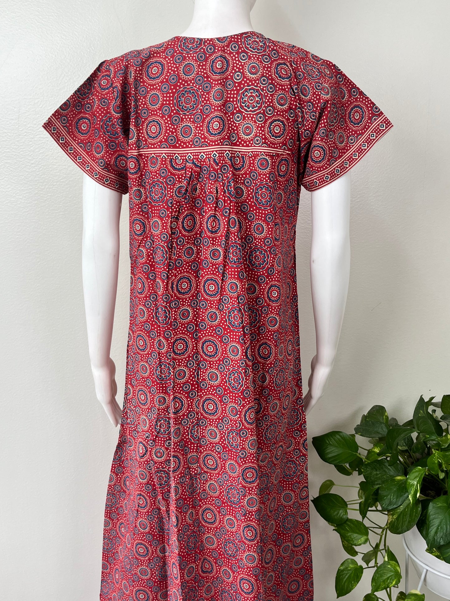Red Pure Cotton Nighty with Geometric Print