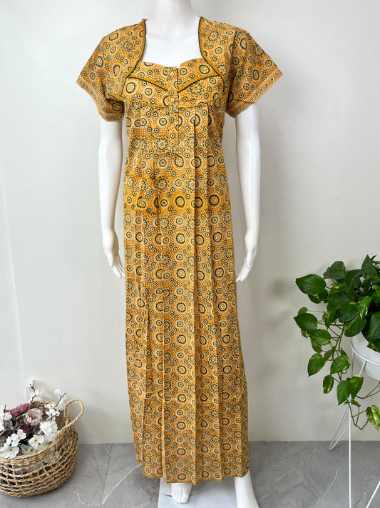 Mustard Ajrak Printed 100% Cotton Nighty