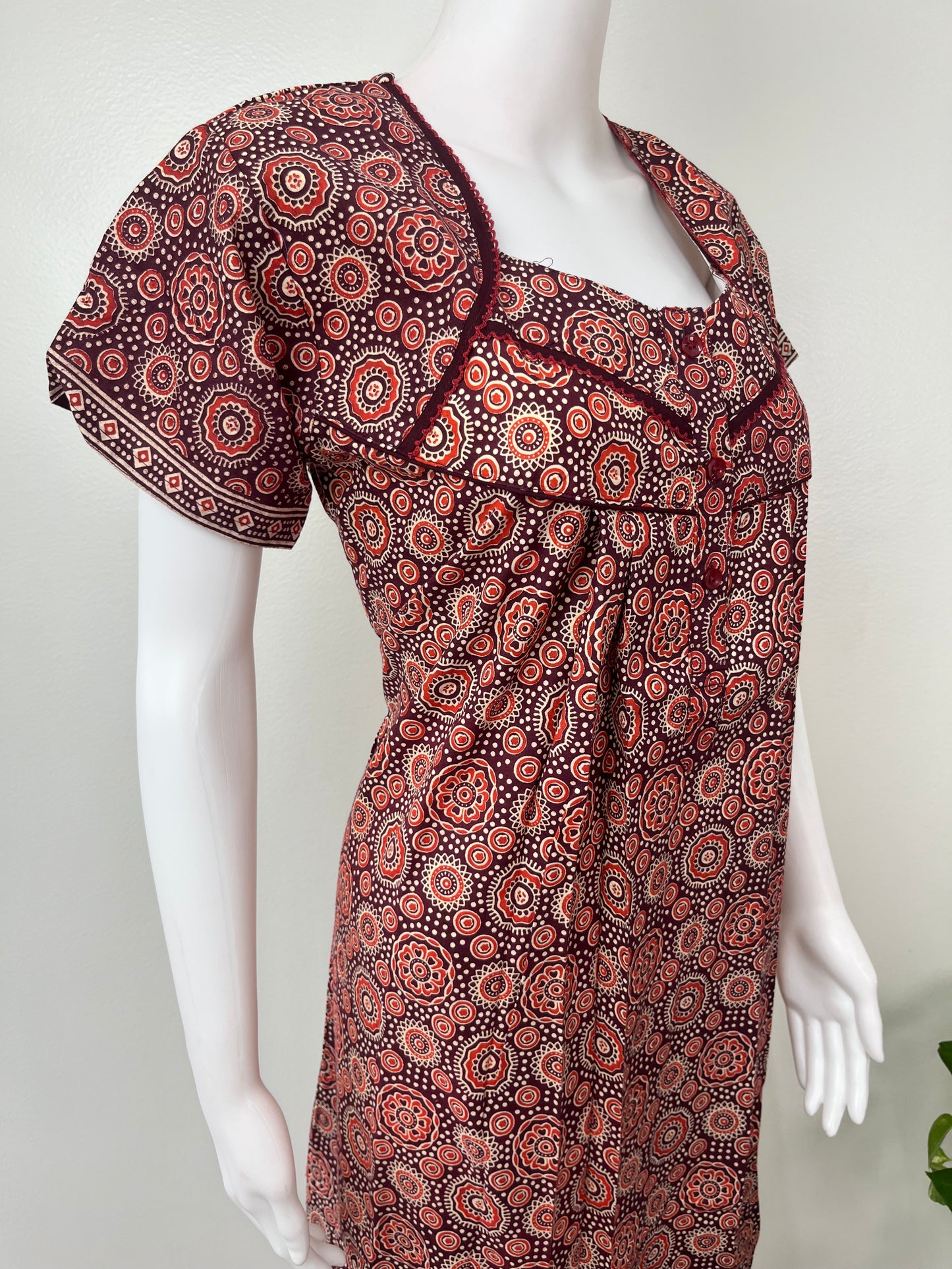 Maroon Pleated Pure Cotton Nightgown for Women