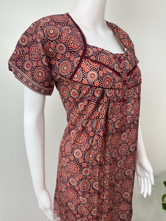 Maroon Pleated Pure Cotton Nightgown for Women