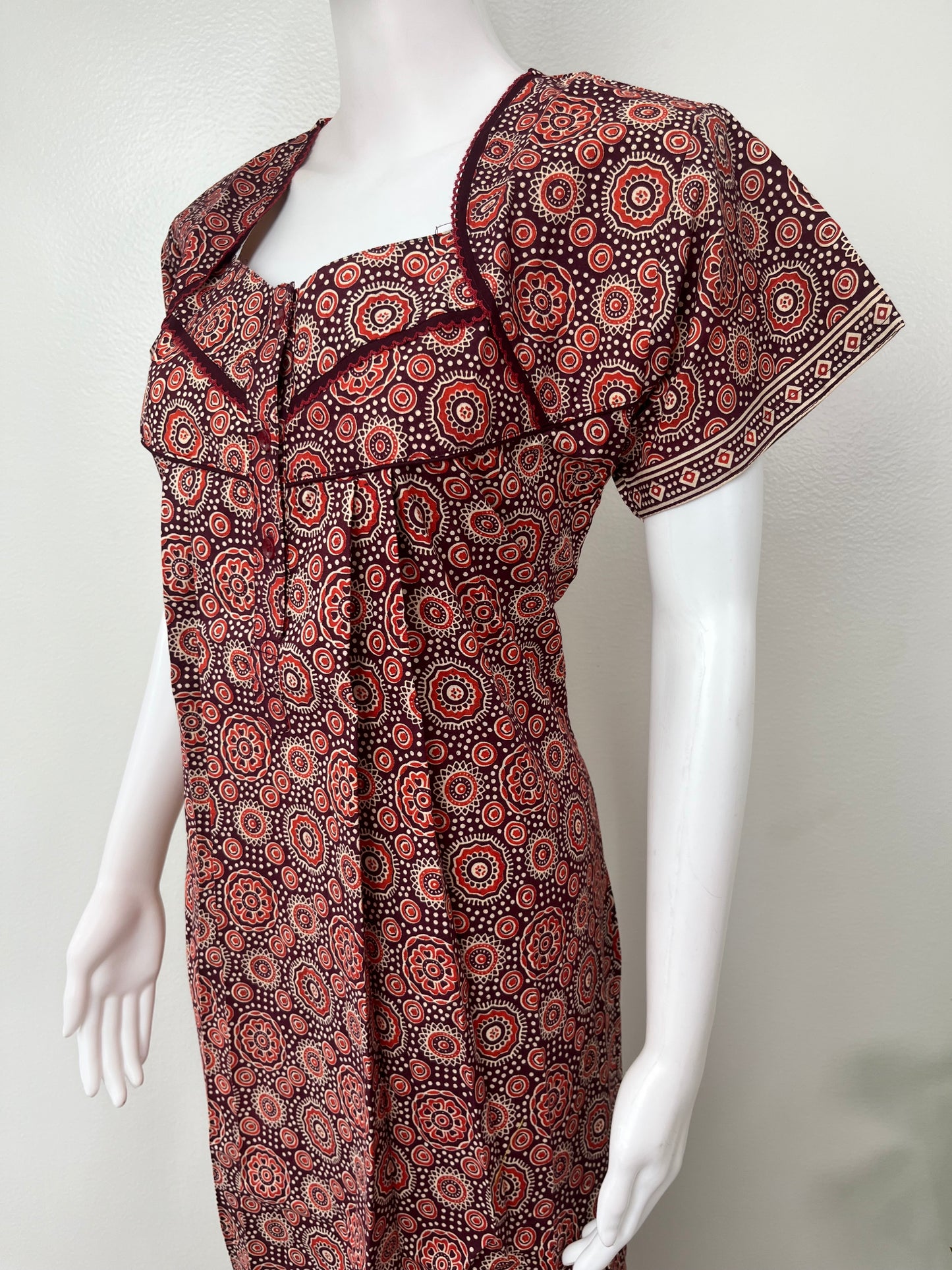 Maroon Pleated Pure Cotton Nightgown for Women