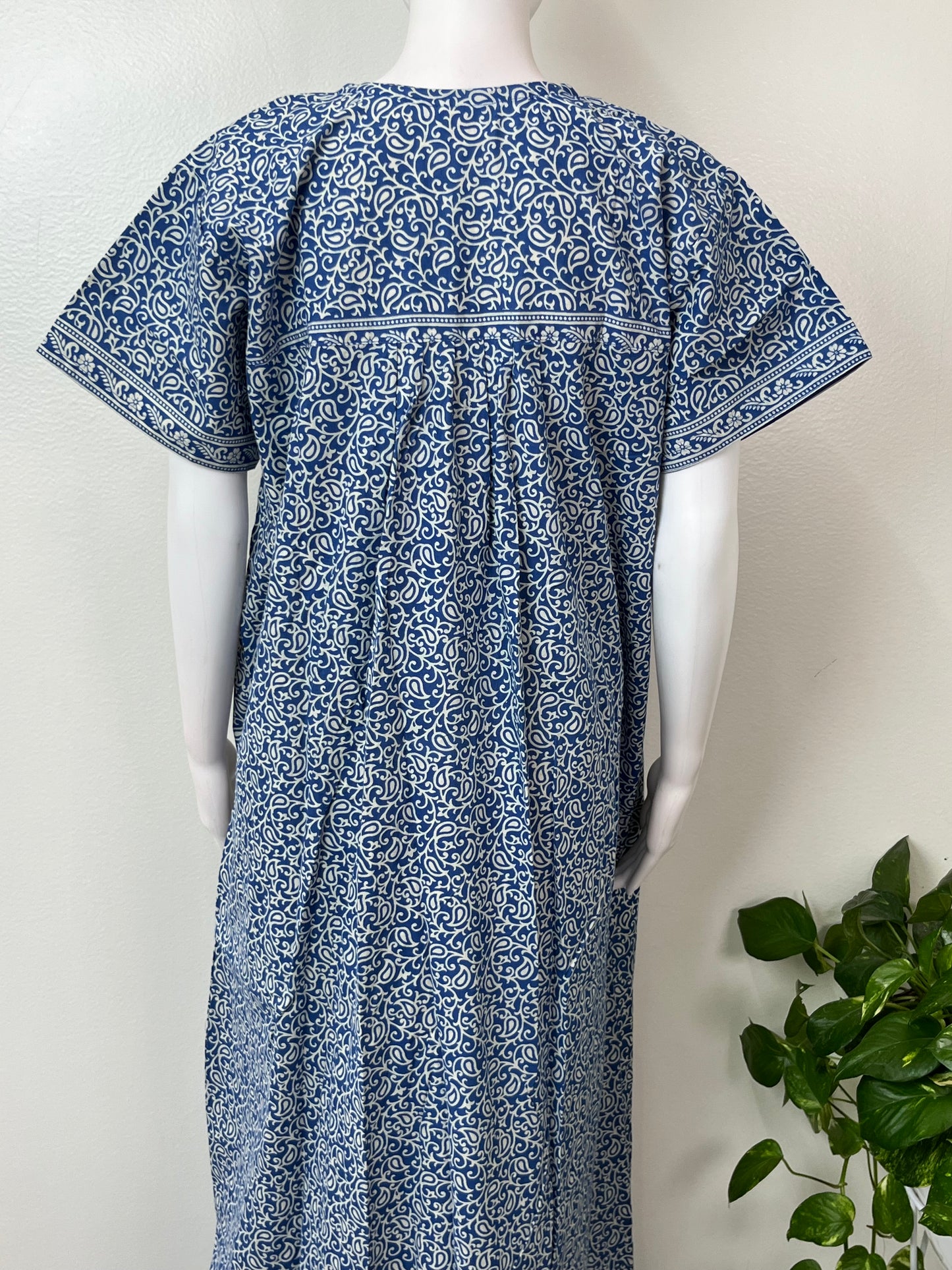 Blue Pleated Style 100% Cotton Nightgown for Women