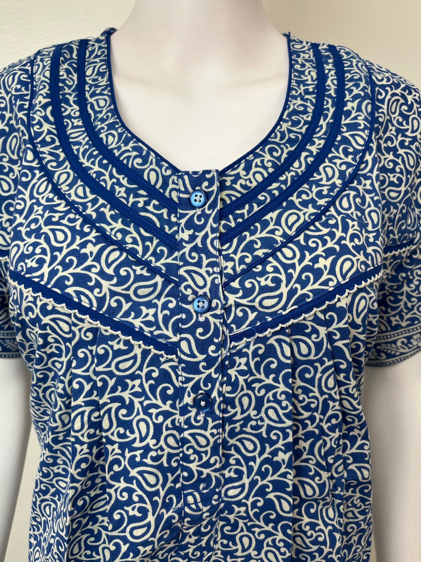 Blue Pleated Style 100% Cotton Nightgown for Women