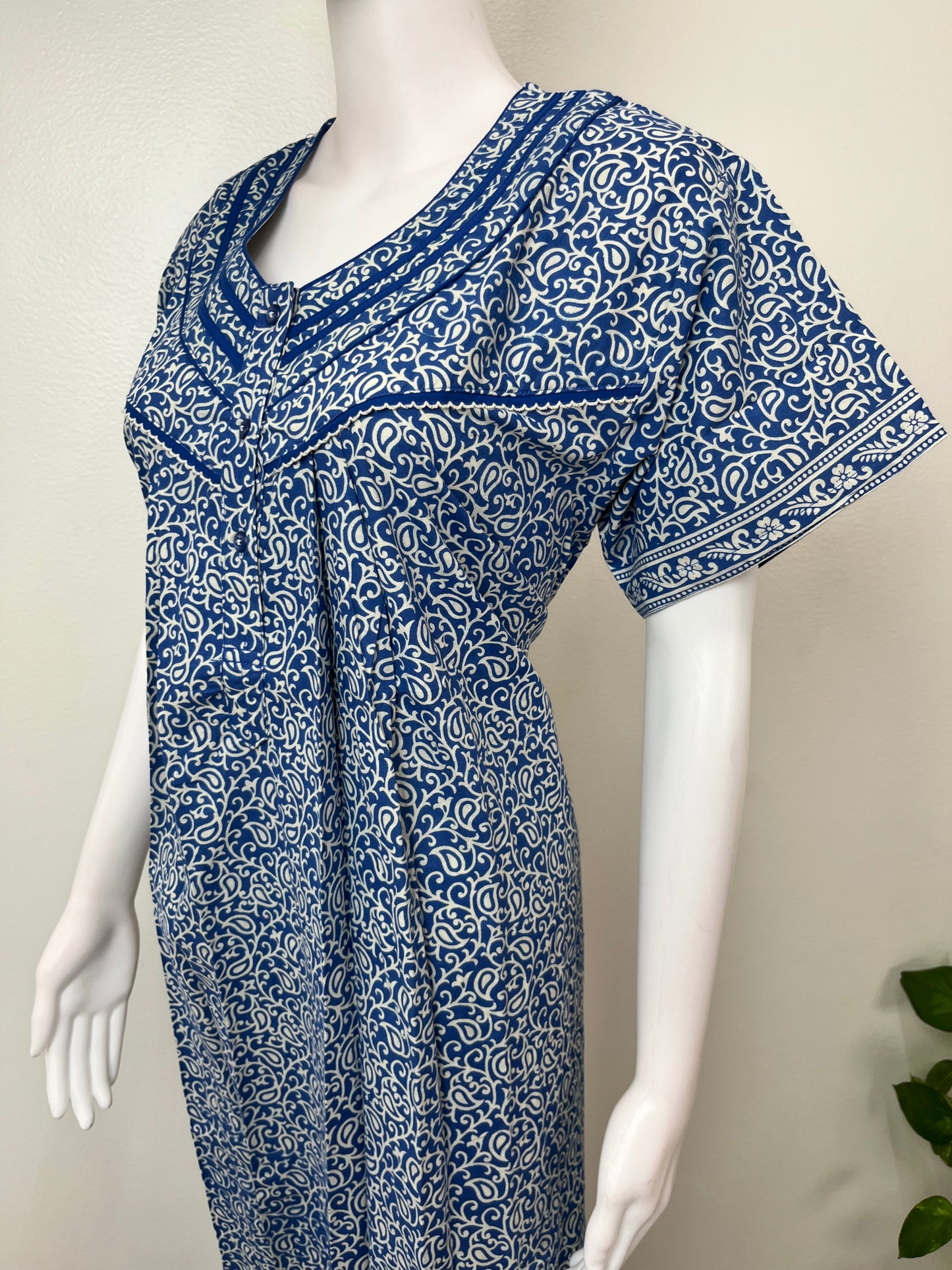 Blue Pleated Style 100% Cotton Nightgown for Women