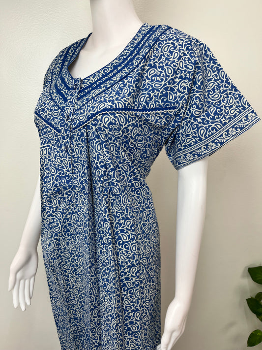Blue Pleated Style 100% Cotton Nightgown for Women