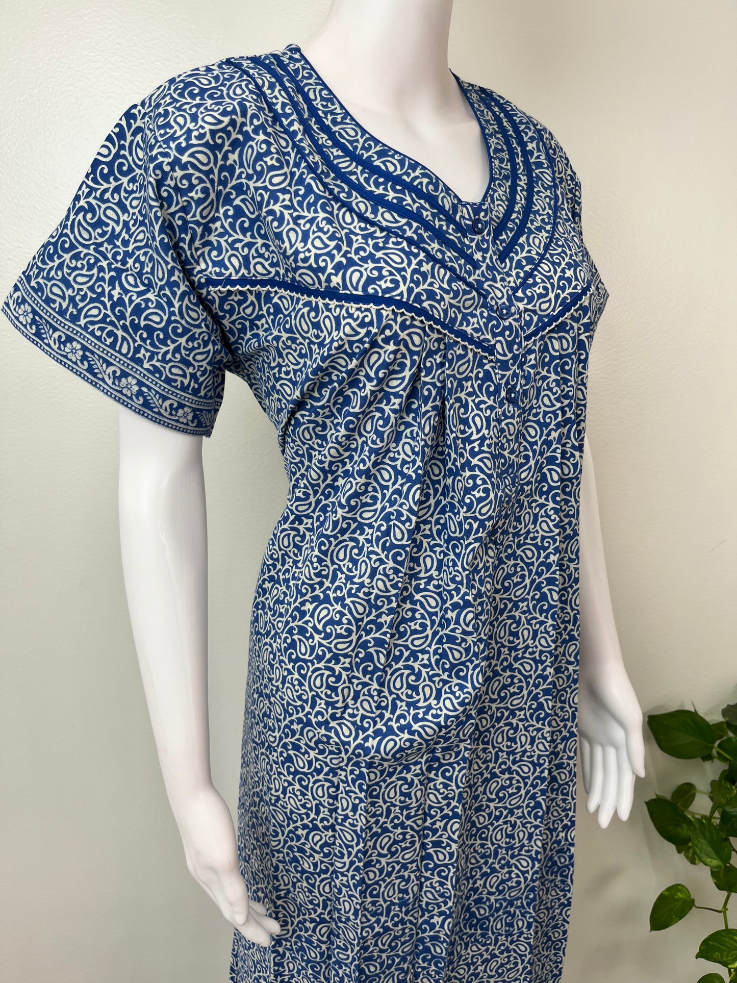 Blue Pleated Style 100% Cotton Nightgown for Women