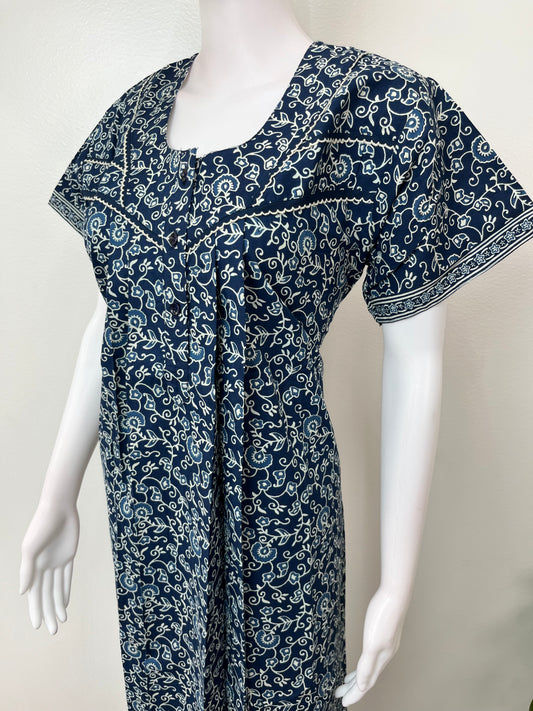 Navy Blue Printed 100% Cotton Nightgown