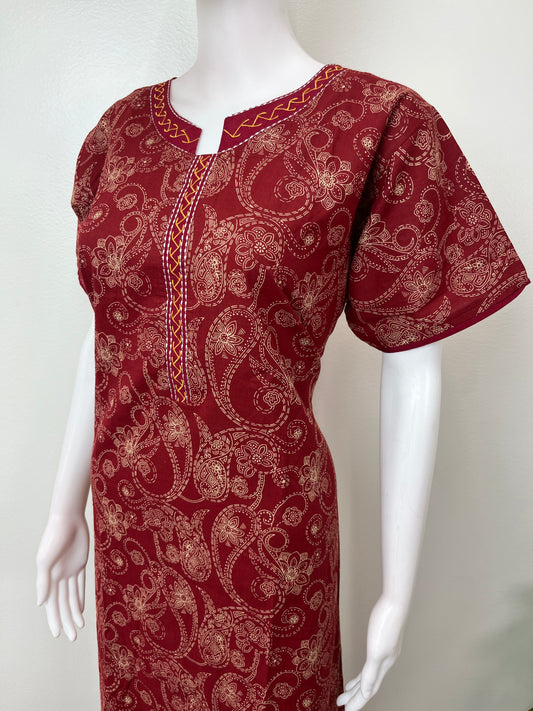 Maroon Elegant Embroidered 100% Cotton Nighty
