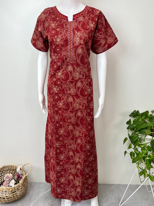 Maroon Elegant Embroidered 100% Cotton Nighty