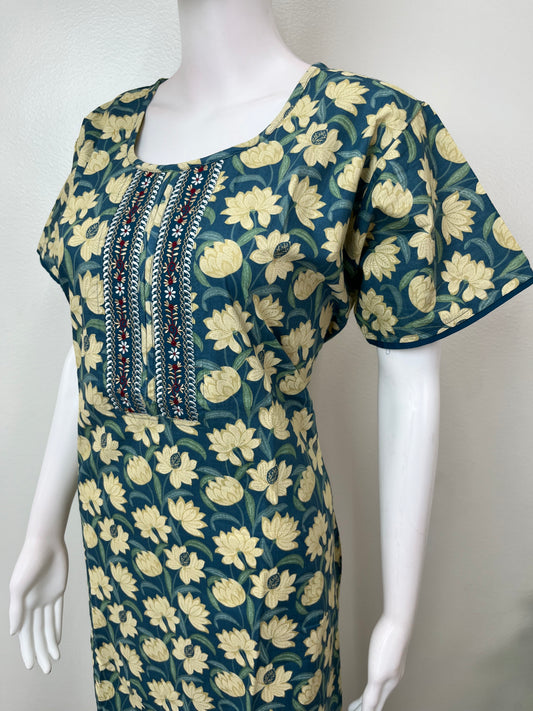 Blue 100% Cotton Nighty with Contrast Print