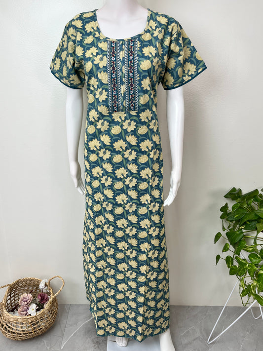 Blue 100% Cotton Nighty with Contrast Print