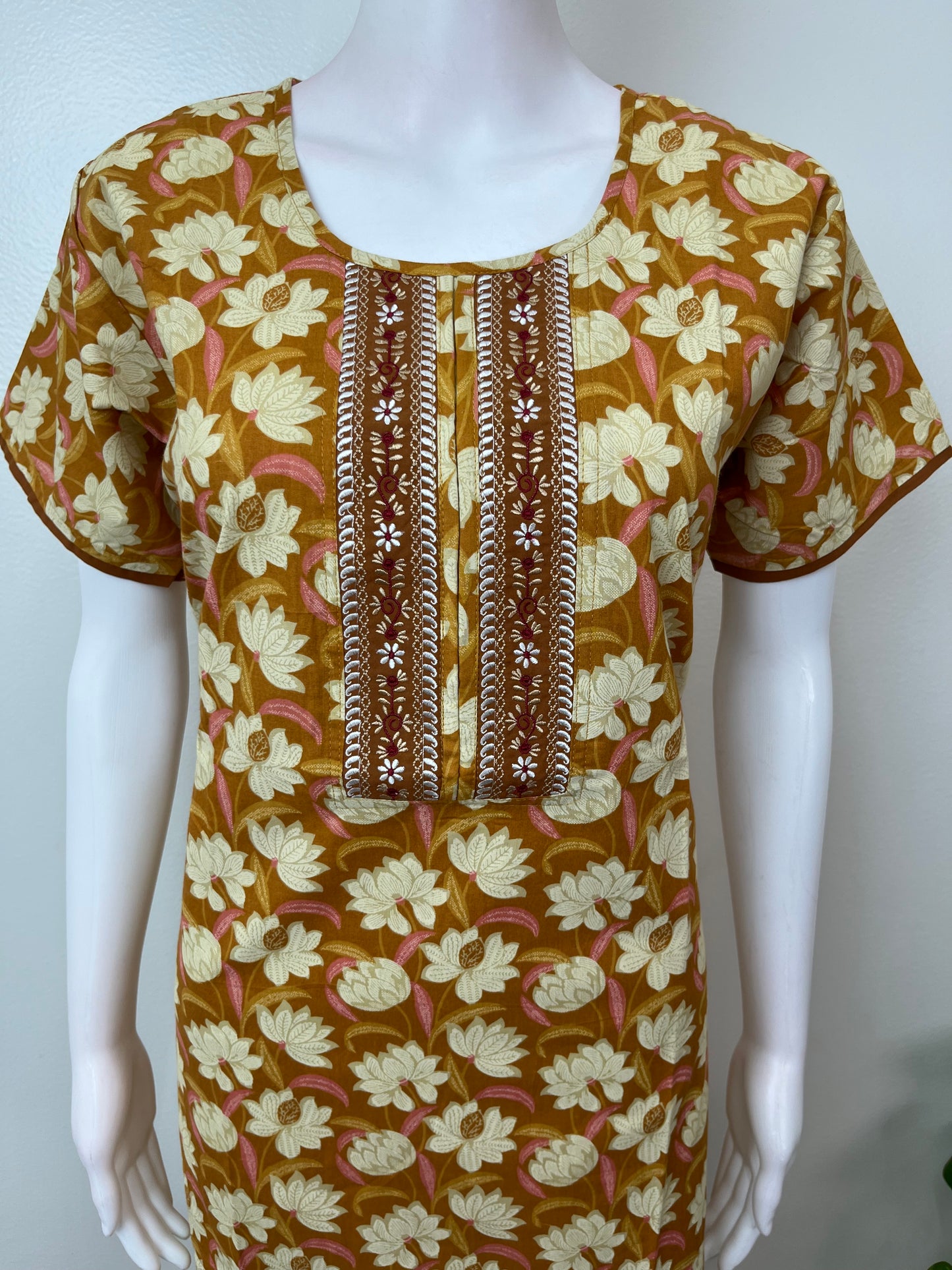 Yellow Floral Printed Pure Cotton Nightgown