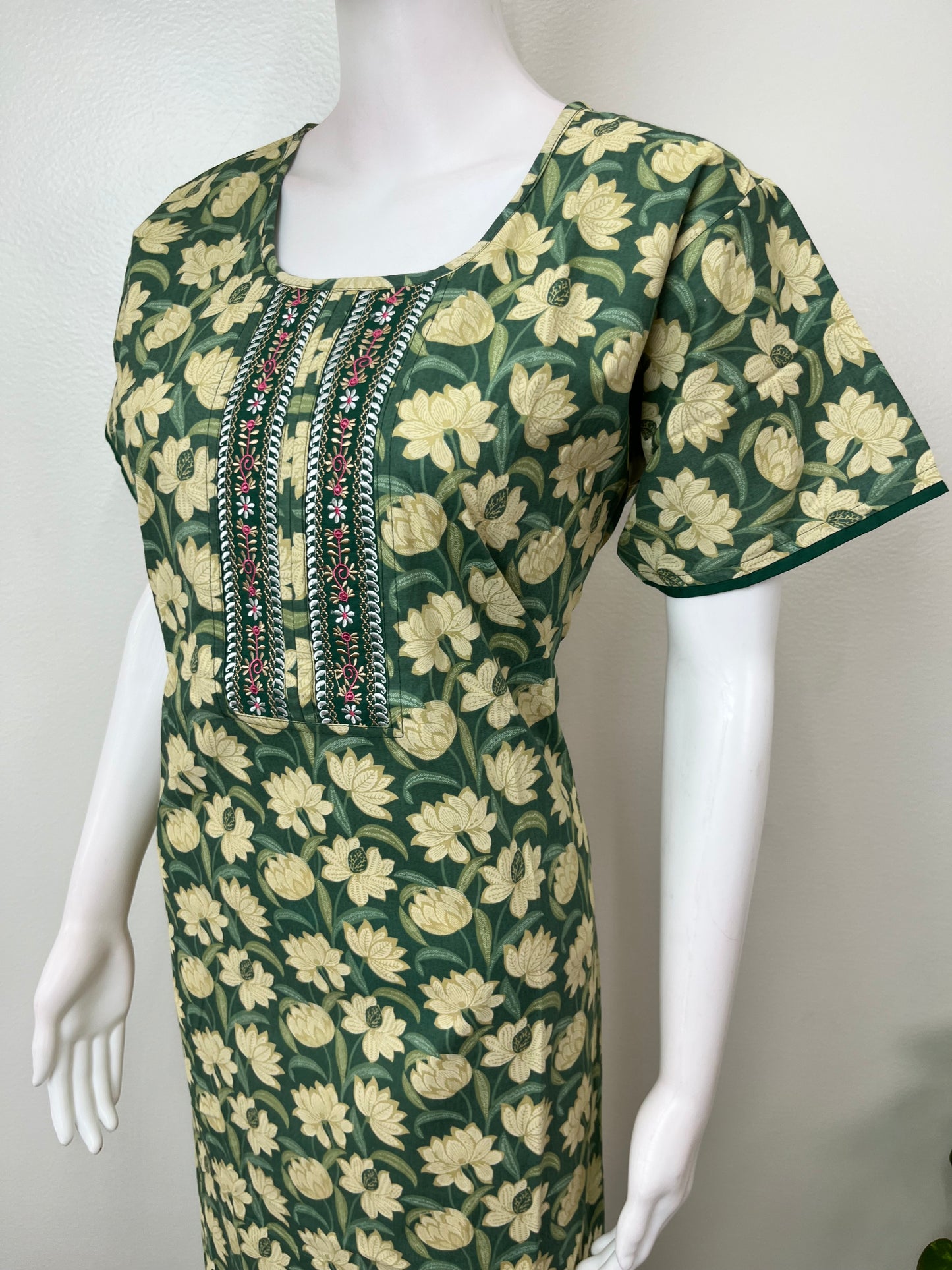 Green Floral Pure Cotton Women's Nighty