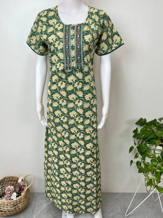 Green Floral Pure Cotton Women's Nighty