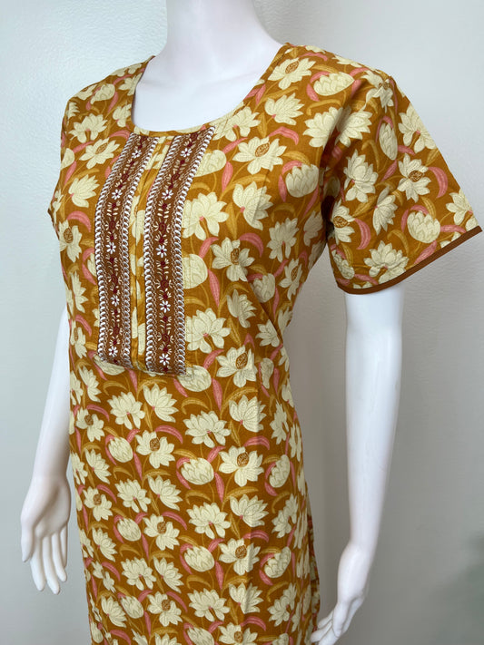 Yellow Floral Printed Pure Cotton Nightgown
