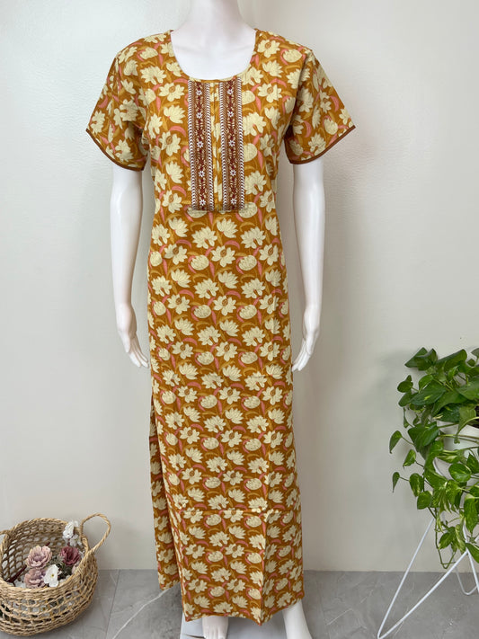 Yellow Floral Printed Pure Cotton Nightgown