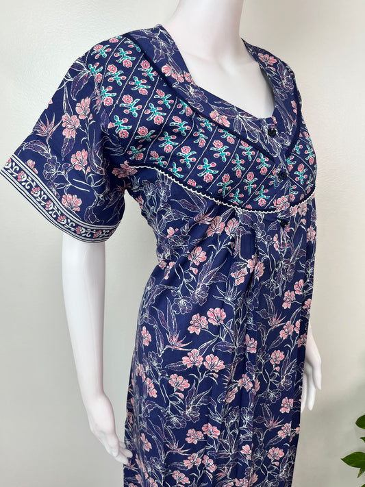 Navy Blue Floral Printed 100 % Cotton Nighty