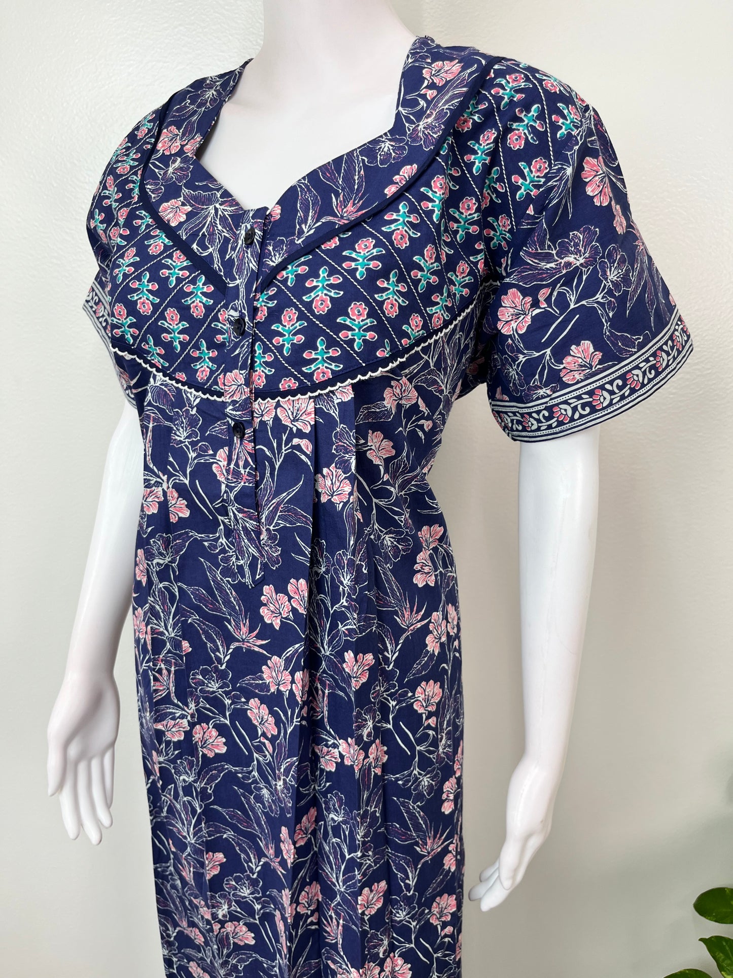 Navy Blue Floral Printed 100 % Cotton Nighty