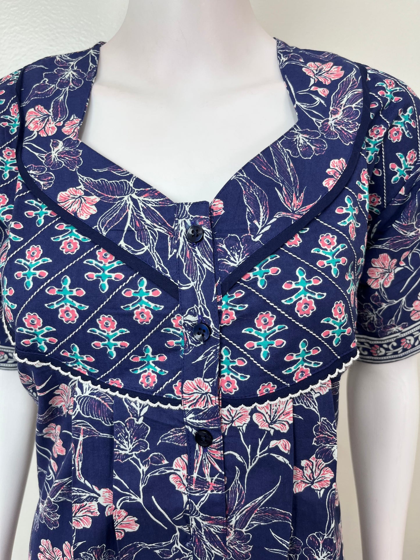 Navy Blue Floral Printed 100 % Cotton Nighty