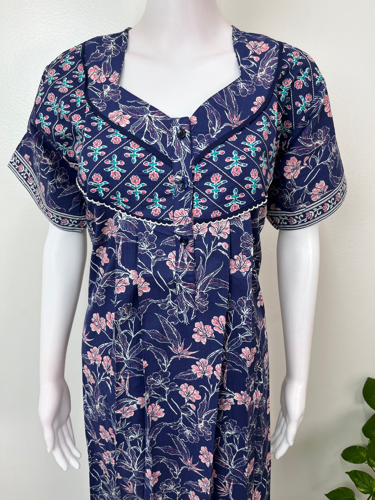 Navy Blue Floral Printed 100 % Cotton Nighty