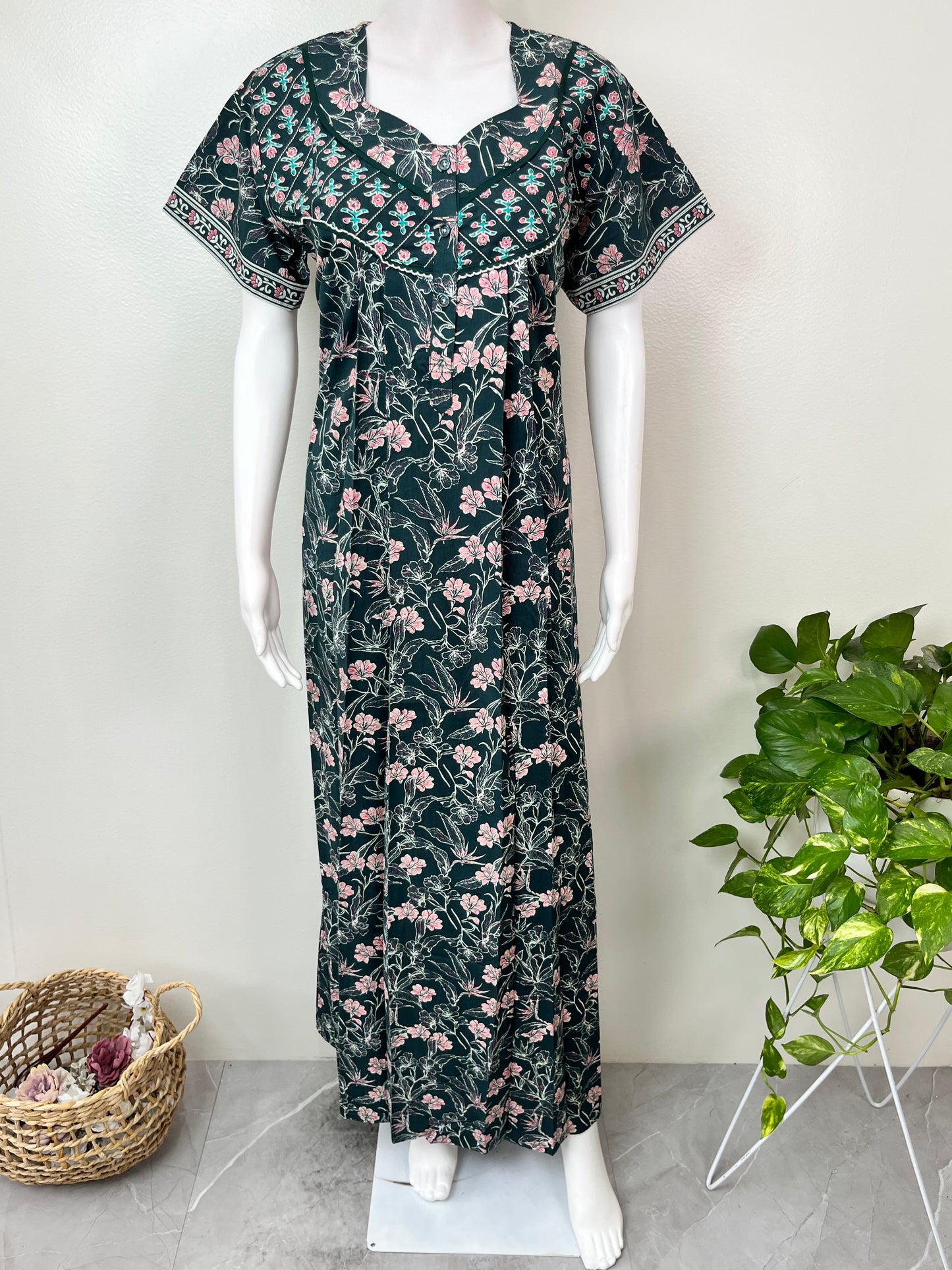 Bottle Green Pure Cotton Nighty for Women