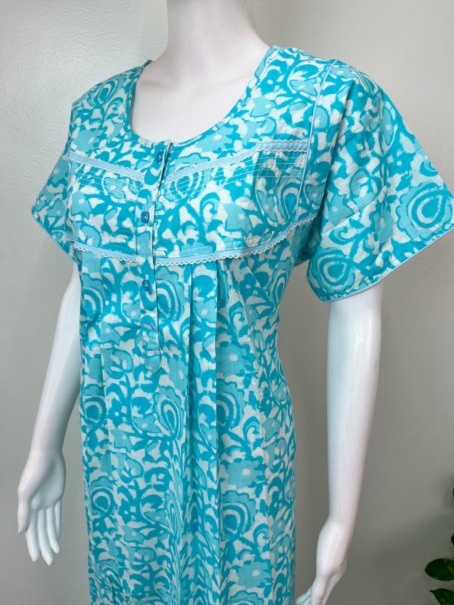 Blue Pleated Style 100% Cotton Nighty