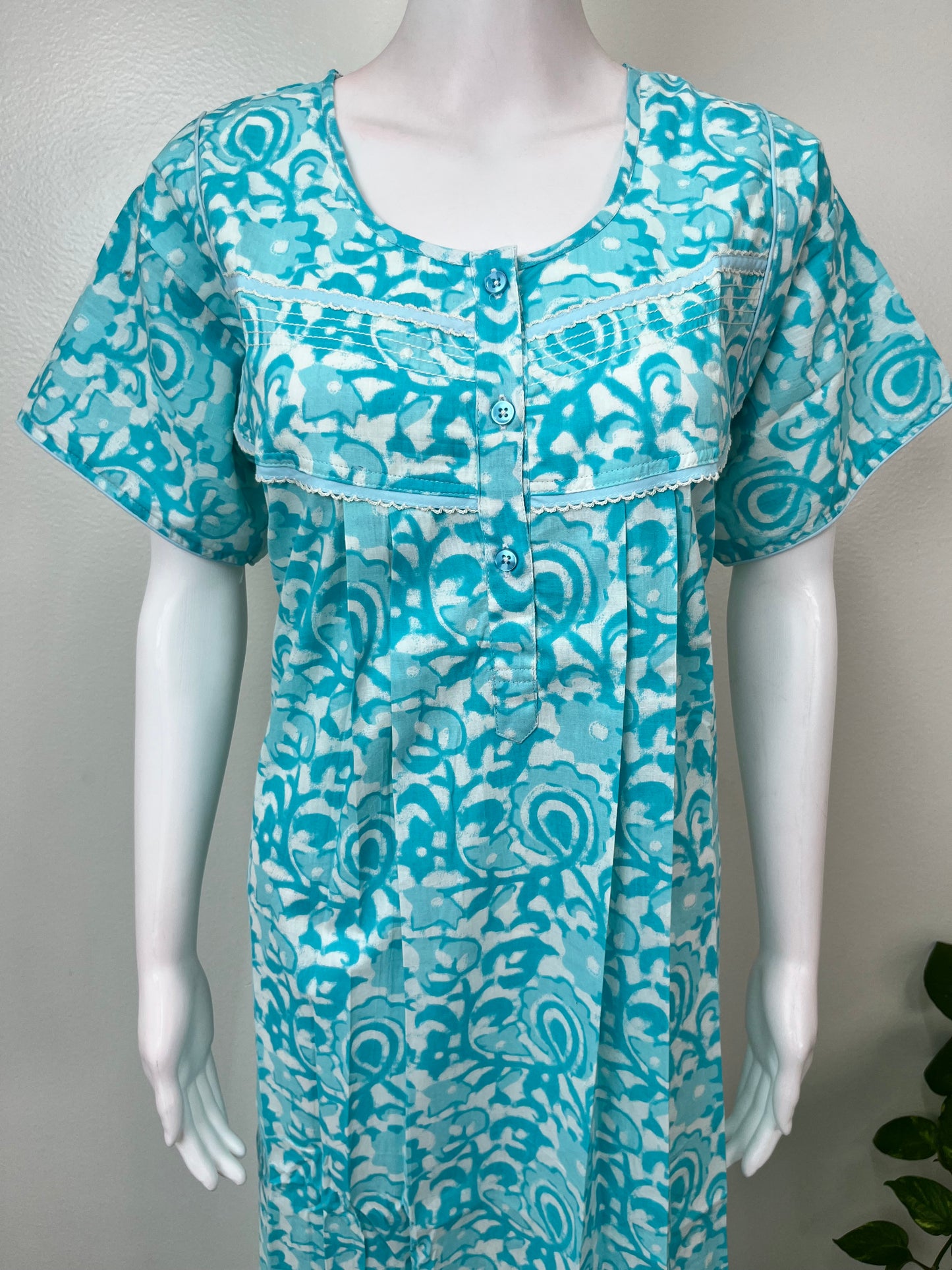 Blue Pleated Style 100% Cotton Nighty