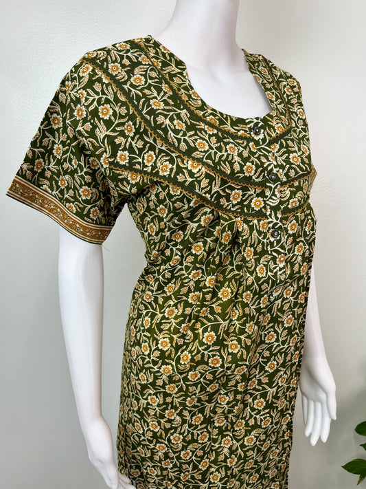 Bottle Green Pure Cotton Nighty with Contrast Print