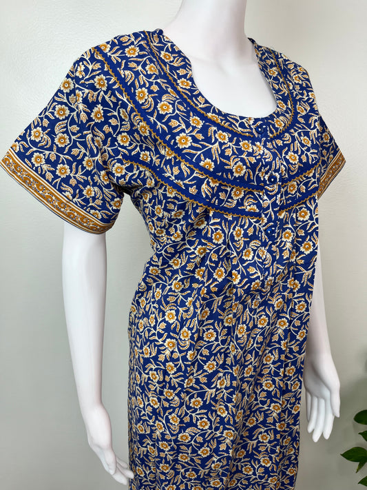 Royal Blue Floral Printed 100% Cotton Nightgown