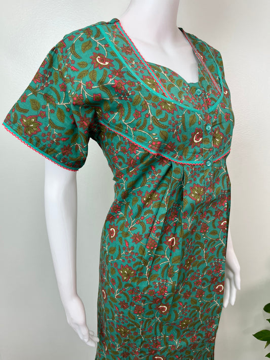 Green Floral Printed 100% Cotton Nighty