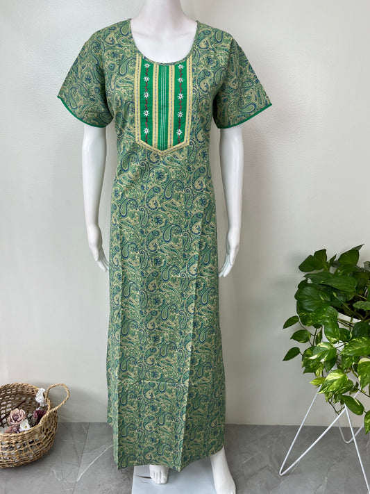 Green Elegant Emroidery 100% Cotton Nighty