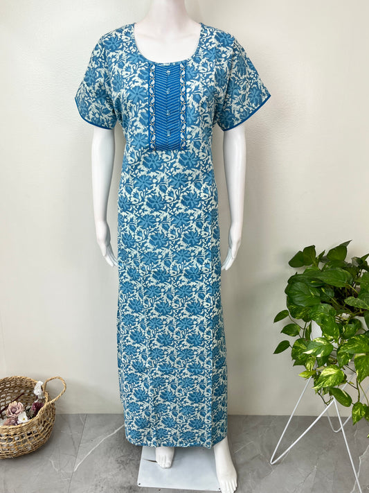 Blue Pure Cotton Embroidered Nighty