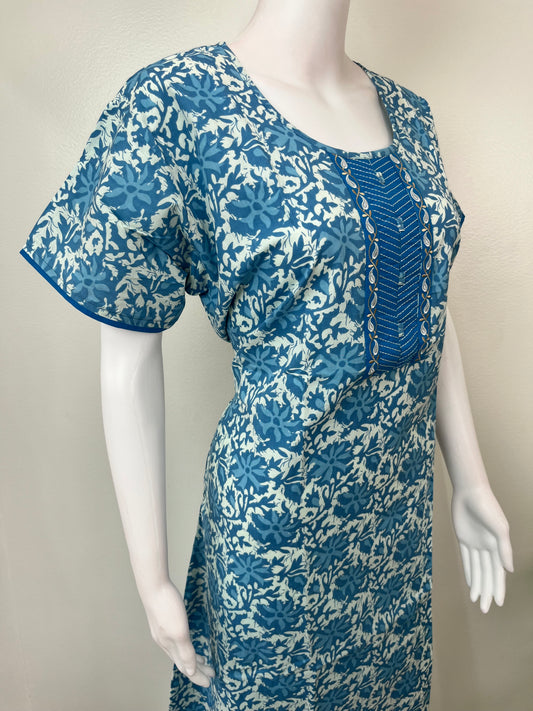 Blue Pure Cotton Embroidered Nighty