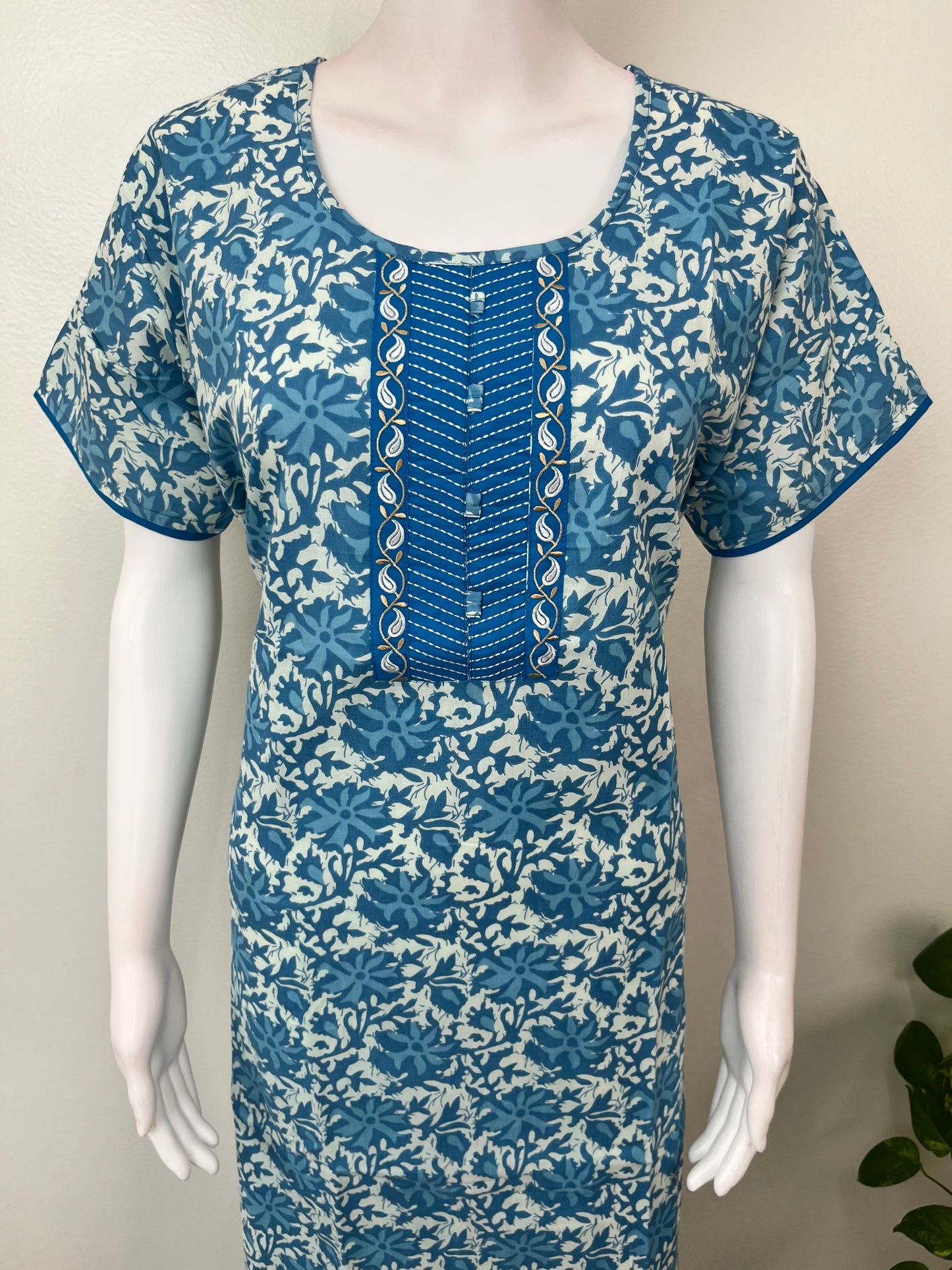 Blue Pure Cotton Embroidered Nighty