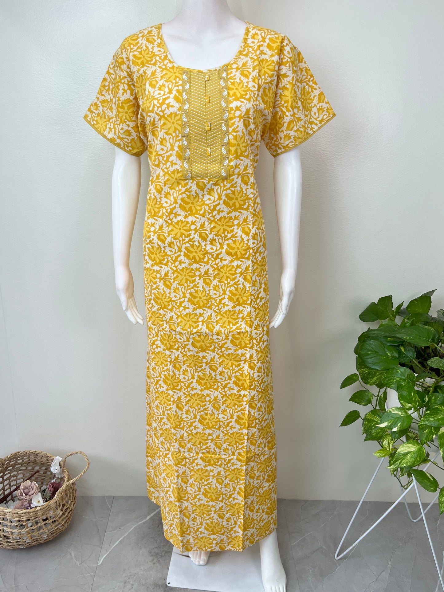Yellow A-Line Pattern Pure Cotton Nighty