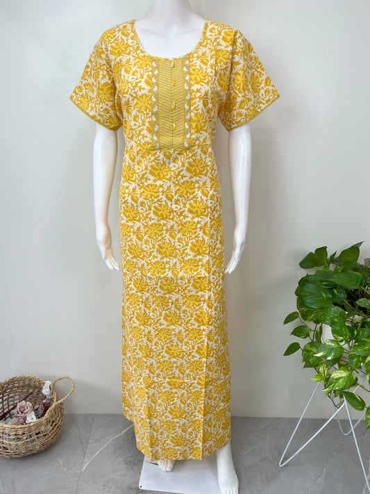 Yellow A-Line Pattern Pure Cotton Nighty